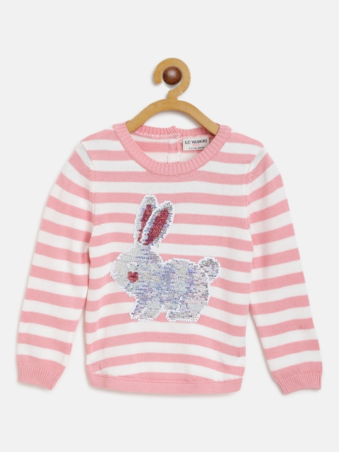 

LC Waikiki Girls Pink & White Striped Pullover with Flip Sequinned Detail