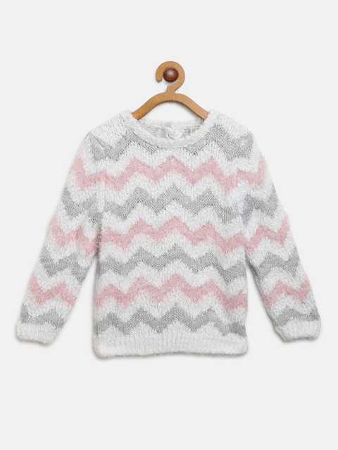 

LC Waikiki Girls White & Pink Chevron Patterned Fuzzy Pullover