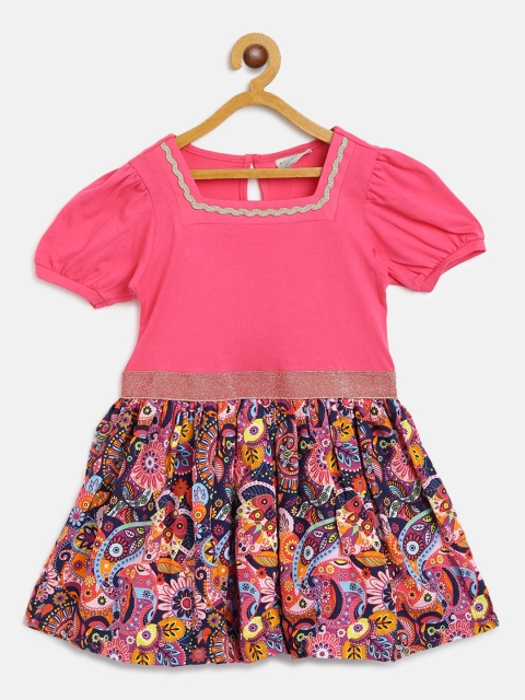 

LC Waikiki Girls Pink & Navy Blue Floral Printed Fit & Flare Dress