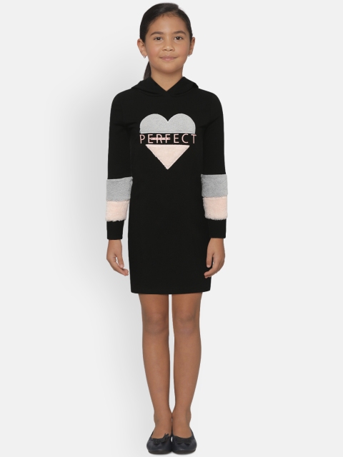 

LC Waikiki Girls Black Heart Self-Design A-Line Hooded Dress