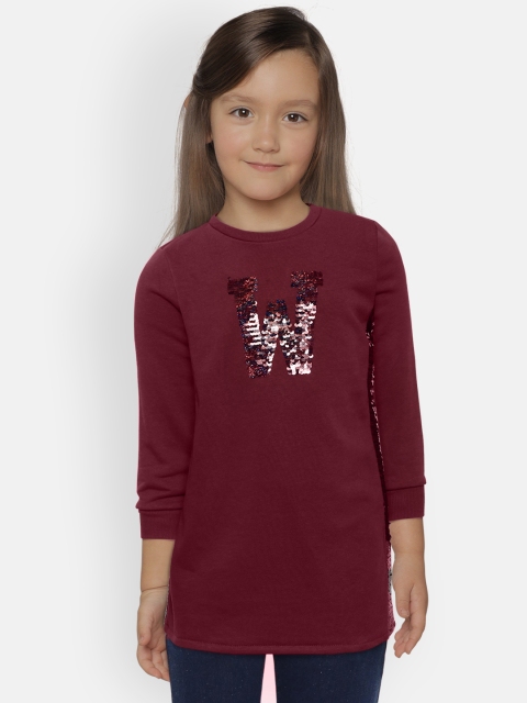 

LC Waikiki Girls Burgundy Self Design Sequinned Sweatshirt Dress