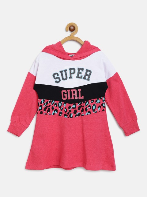 

LC Waikiki Girls Fuchsia Pink & White Printed Hooded A-Line Dress