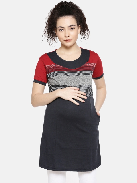 

GOLDSTROMS Women Red & Navy Blue Colourblocked Round Neck Longline Maternity T-shirt