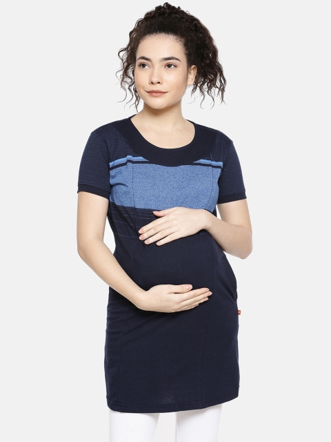 

GOLDSTROMS Women Blue Colourblocked Round Neck Longline Maternity T-shirt