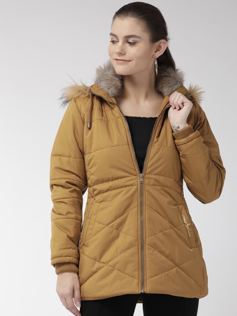 

Fort Collins Women Mustard Brown Solid Parka Jacket with Detachable Hood