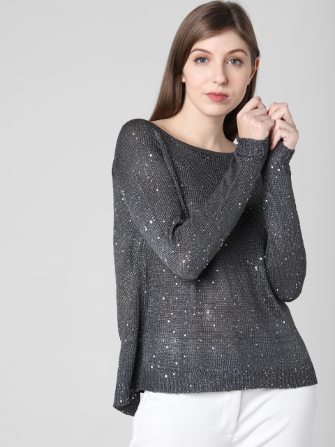 

Vero Moda Women Charcoal Embellished Styled Back Top