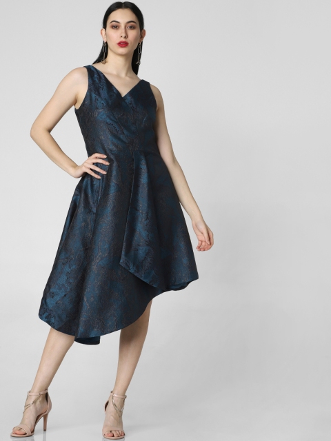 

Vero Moda Marquee Women Self Design Teal Blue & Black Fit and Flare Dress