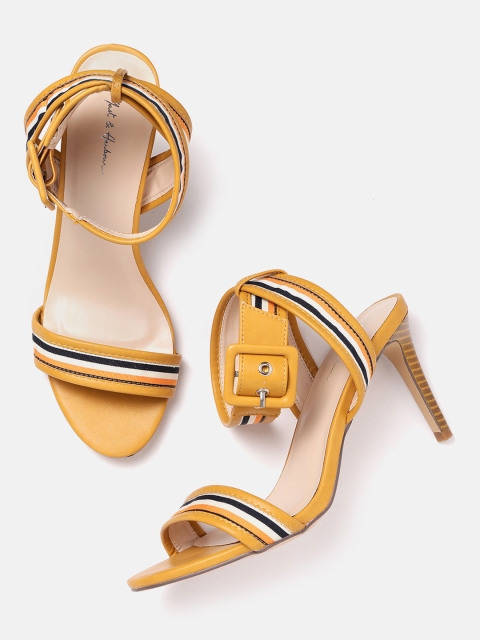 

Mast & Harbour Women Mustard Yellow & Off-White Striped Heels