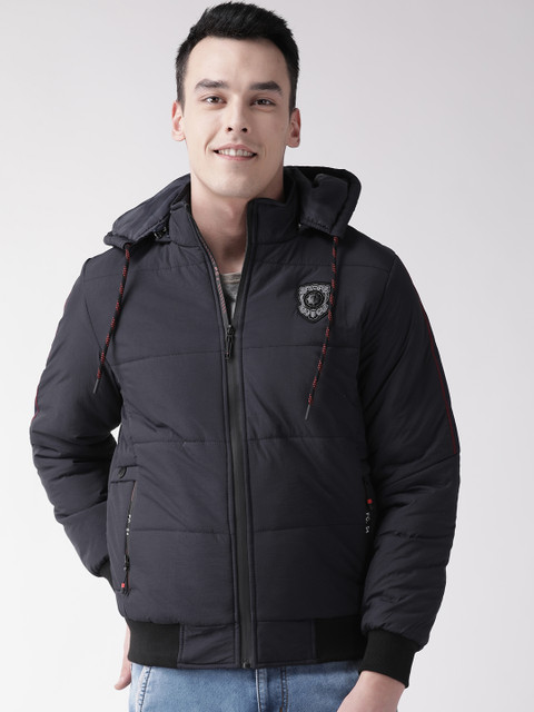 

Fort Collins Men Navy Blue Solid Hooded Bomber Jacket