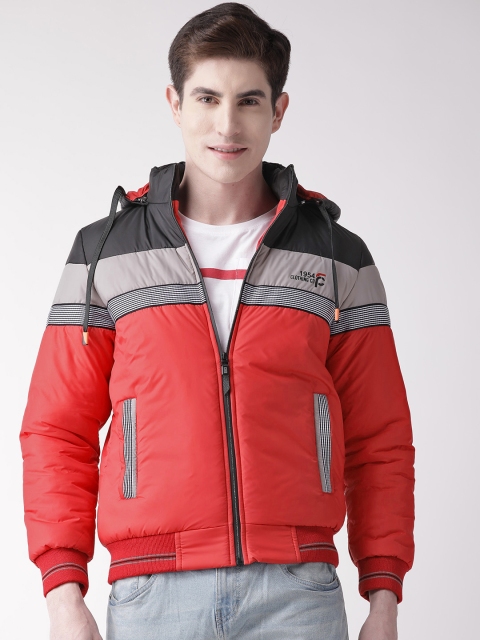 

Fort Collins Men Coral Red & Grey Colourblocked Lightweight Bomber Jacket