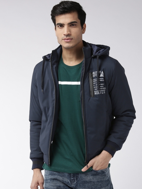 

Fort Collins Men Navy Blue Solid Hooded Bomber Jacket