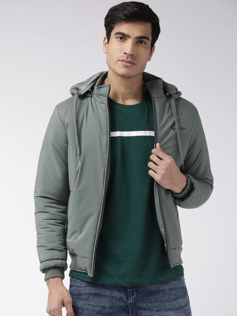 

Fort Collins Men Grey Solid Hooded Bomber Jacket