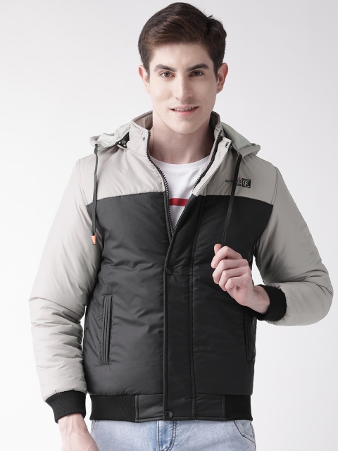 

Fort Collins Men Black & Grey Colourblocked Hooded Bomber Jacket