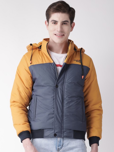

Fort Collins Men Navy Blue & Mustard Yellow Colourblocked Lightweight Bomber Jacket