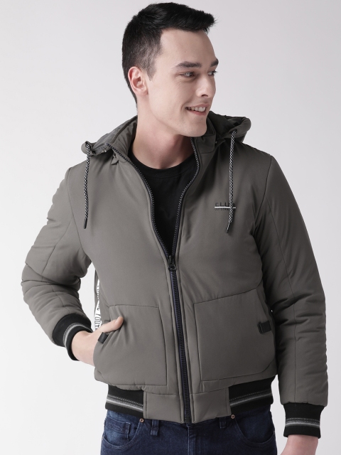 

Fort Collins Men Charcoal Grey Solid Hooded Varsity Jacket