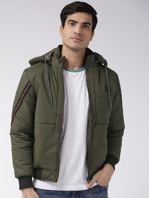 

Fort Collins Men Olive Green Solid Hooded Padded Bomber Jacket