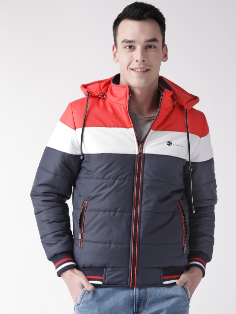 

Fort Collins Men Navy Blue & Red Colourblocked Hooded Varsity Jacket