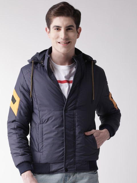 

Fort Collins Men Navy Blue Solid Hooded Bomber Jacket