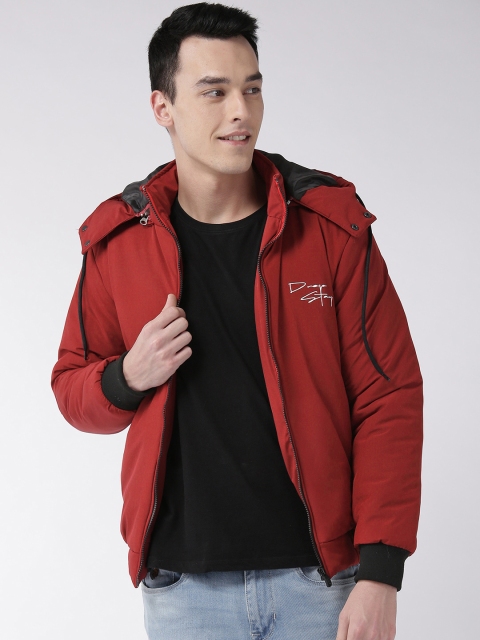 

Fort Collins Men Maroon Hooded Solid Bomber Jacket