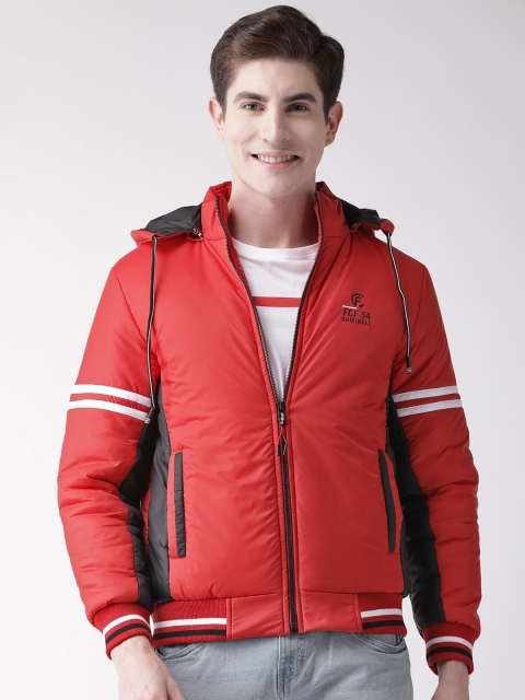 

Fort Collins Men Red Solid Hooded Varsity Jacket
