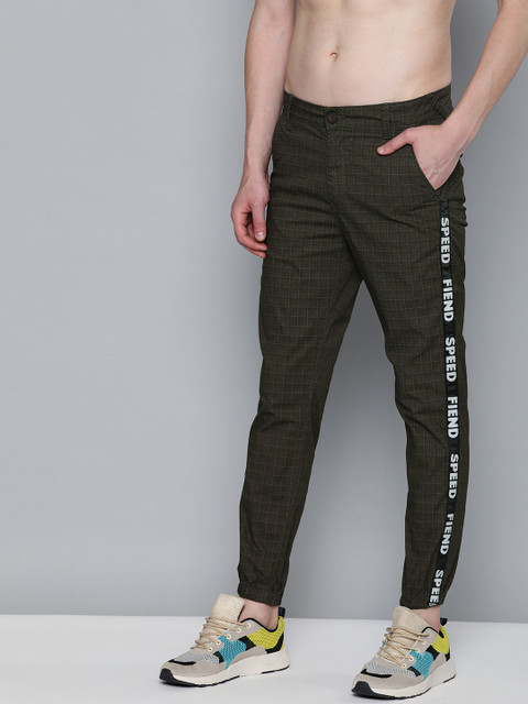 

HERE&NOW Men Olive Green & Black Slim Fit Checked Joggers with Side Stripes