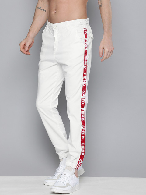 

HERE&NOW Men White Straight Fit Solid Side Striped Joggers
