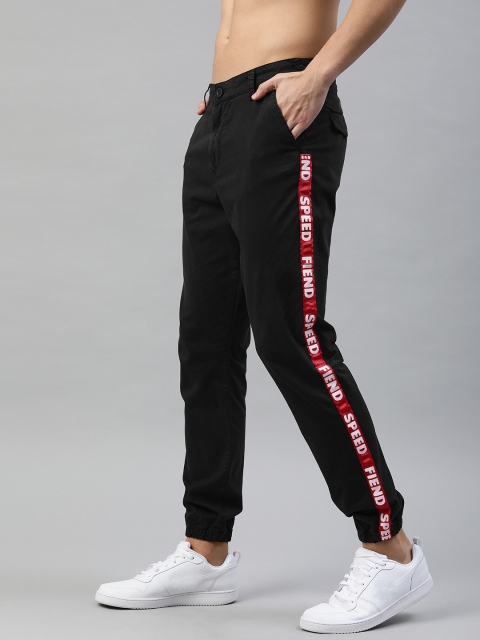 

HERE&NOW Men Black Regular Fit Solid Chinos Joggers With Printed Side Tape Detail