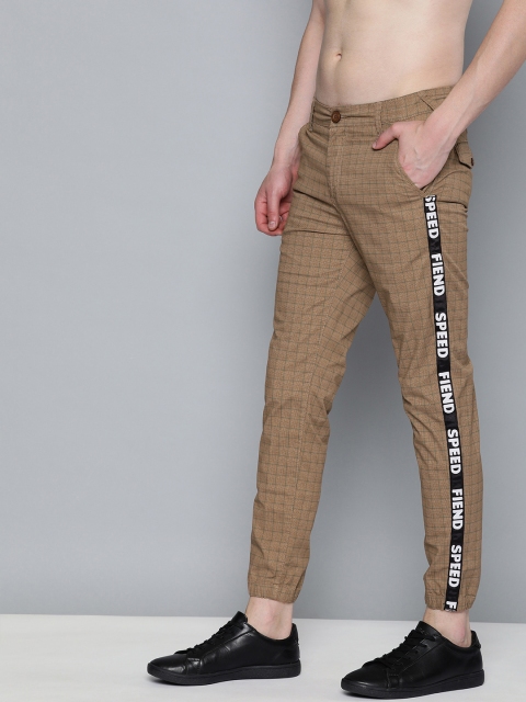 

HERE&NOW Men Khaki & Green Slim Fit Checked Joggers with Side Stripes