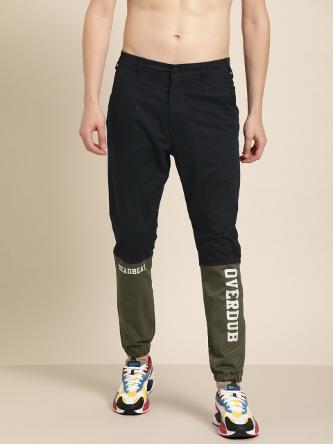Men Navy Blue & Olive Green Regular Fit Colourblocked Joggers