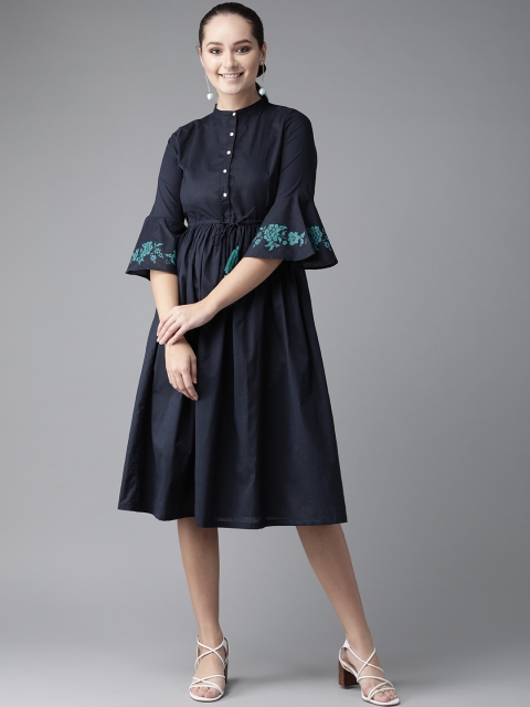 

Hubberholme Women Navy Blue Solid Midi A-Line Dress