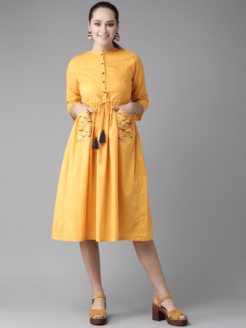 

Hubberholme Women Yellow Solid Midi A-Line Dress