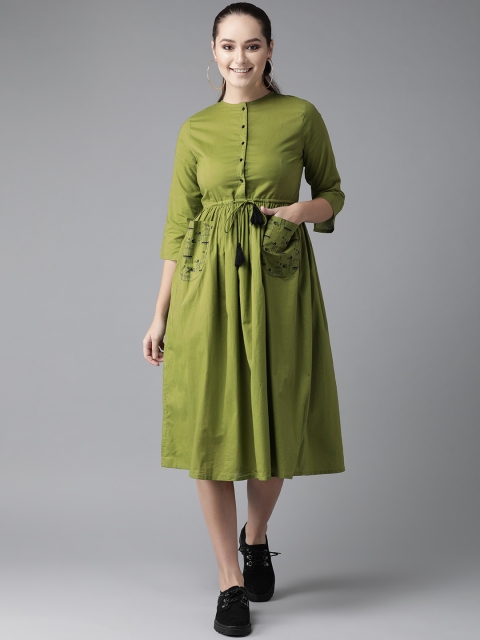 

Hubberholme Women Olive Green Solid Midi A-Line Dress