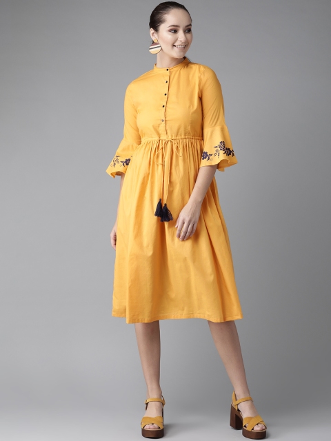 

Hubberholme Women Yellow Solid Midi A-Line Dress