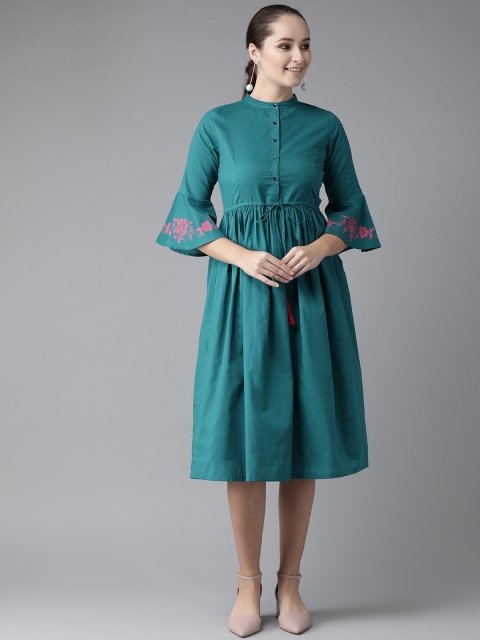 

Hubberholme Women Teal Blue Solid A-Line Dress