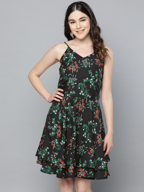 

Trend Arrest Women Black & Green Floral Print Layered Fit and Flare Dress