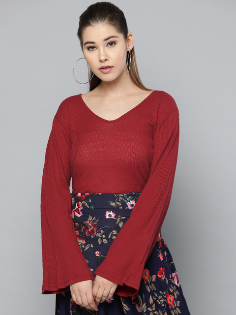 

Trend Arrest Women Maroon Self-Striped Top