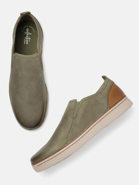 

Clarks Men Olive Green Solid Leather Slip-On Sneakers
