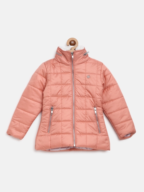 

Okane Girls Peach-Coloured Solid Hooded Quilted Jacket