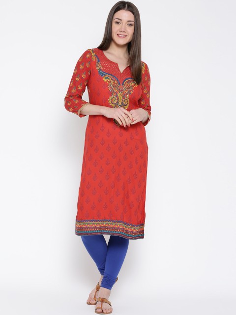

BIBA OUTLET Red Printed Kurta with Embroidered Detail