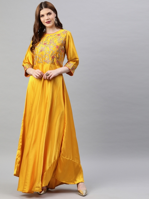

Tikhi Imli Women Mustard Embroidered A-Line Dress