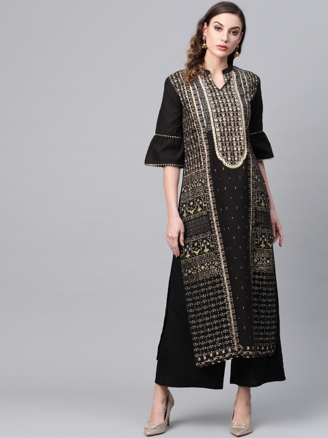 

Tulsattva Women Black & Golden Screen Printed Kurta with Palazzos