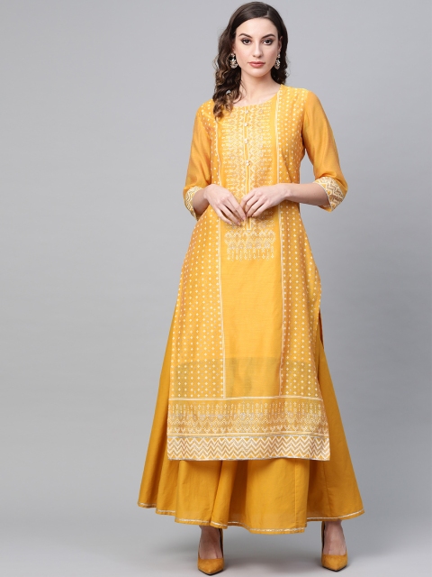 

Tulsattva Women Mustard Yellow & Off-White Screen Printed Kurta with Skirt