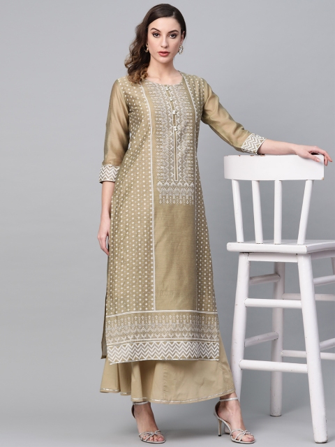 

Tulsattva Women Beige & White Screen Printed Kurta with Skirt