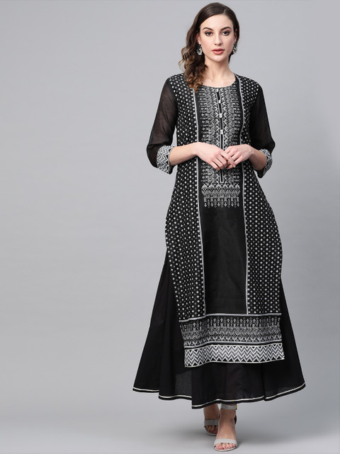 

Tulsattva Women Black & White Screen Printed Kurta with Skirt