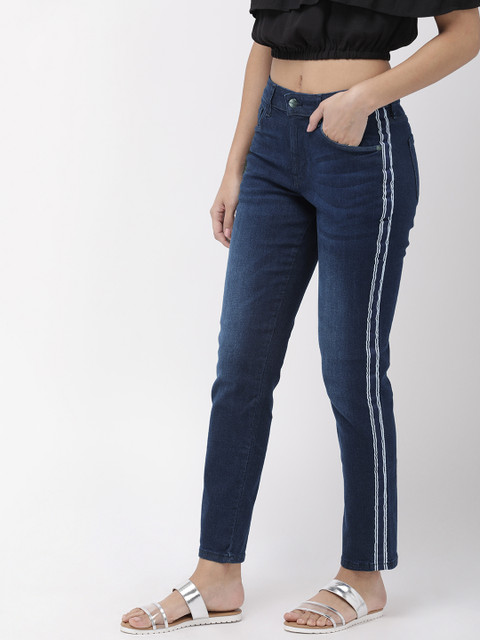 

Go Colors Women Blue Solid Straight Fit Jeans with Side Striped Detail
