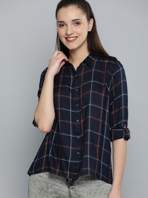 

HERE&NOW Women Navy Blue & White Regular Fit Checked Casual Shirt