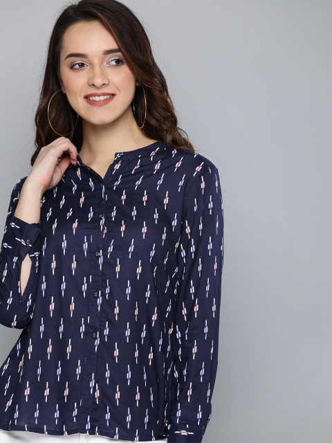 

HERE&NOW Women Navy Blue & White Regular Fit Printed Casual Shirt