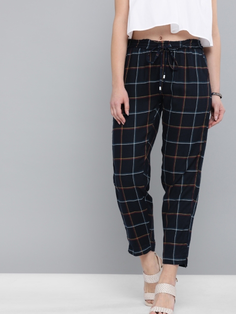 

HERE&NOW Women Navy Blue & White Checked Trousers