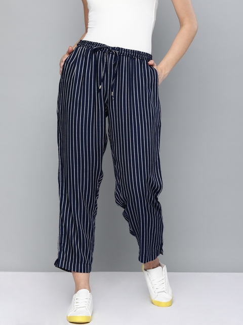 

HERE&NOW Women Navy Blue & White Regular Fit Striped Regular Trousers