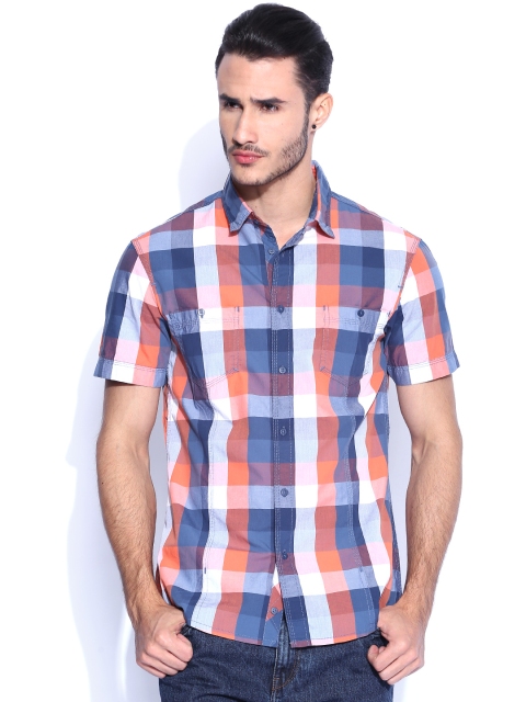 

Celio Orange & Blue Checked Casual Shirt